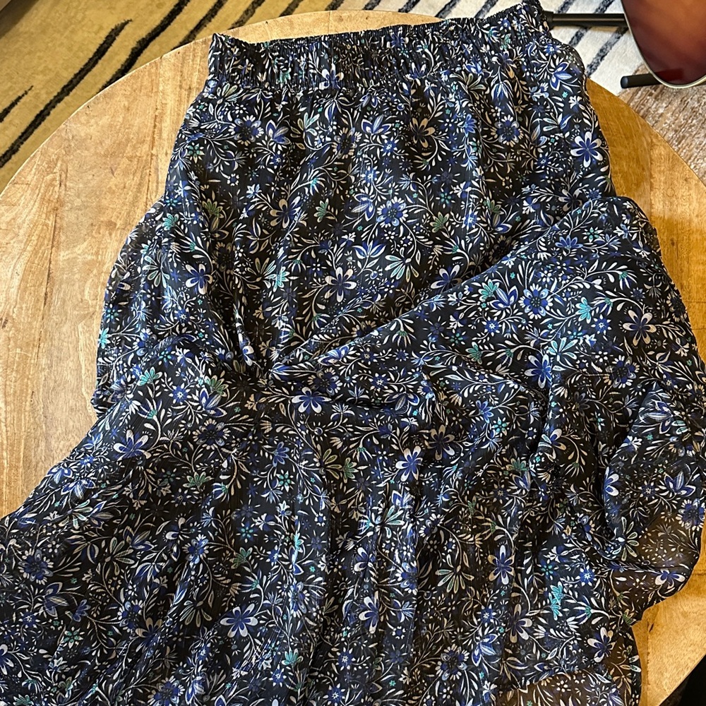 LOFT Black Tiered Maxi Skirt with Blue & Green Floral Print